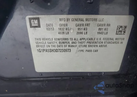 2013 Chevrolet Cruze Ls Auto z USA, uszkodzony, nr VIN 1G1PA5SH3D7230973